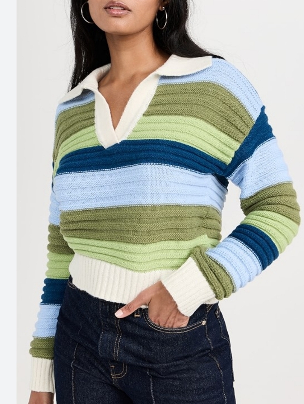 English Factory Striped V-Neck Sweater in Blue, Green & Cream - Picture 2 of 6